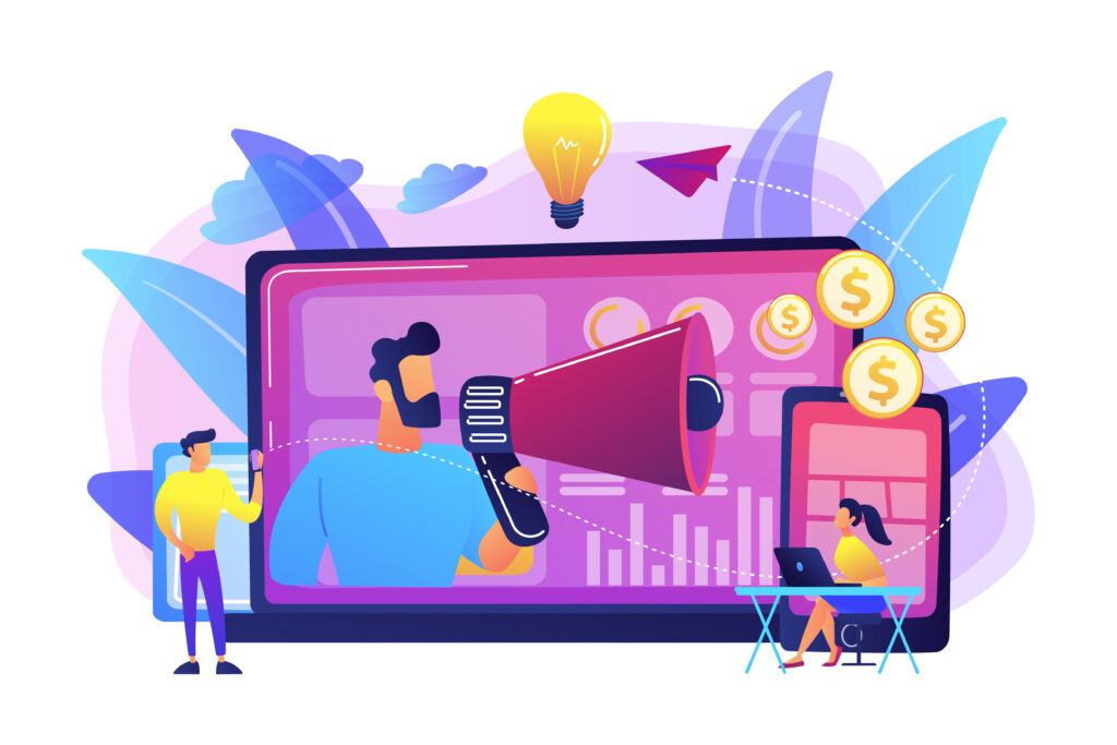 Illustration of digital marketing concept with a man speaking through a megaphone on a large screen, surrounded by dollar coins, charts, and marketing icons.