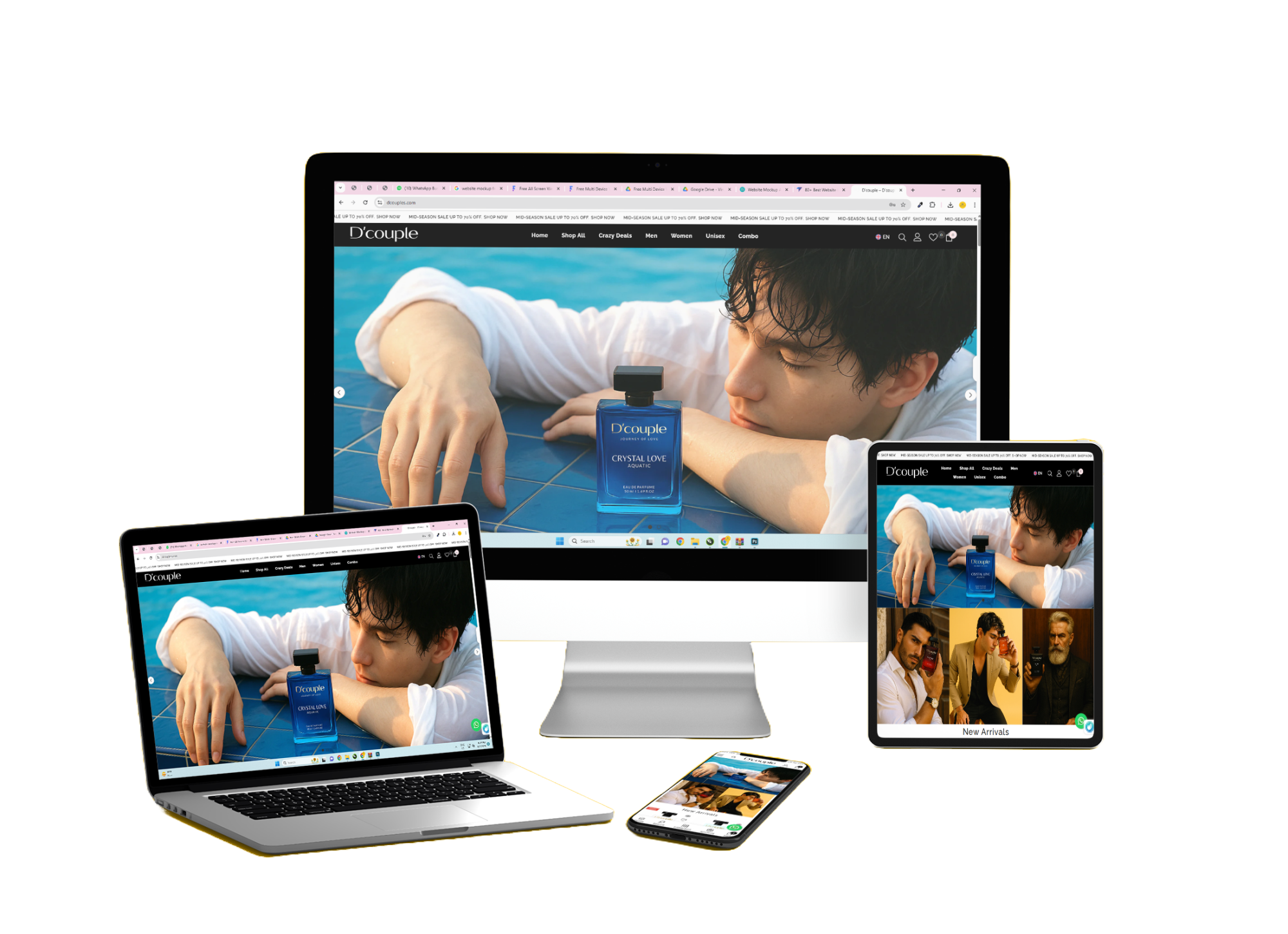E-commerce website displayed on desktop, laptop, tablet, and smartphone screens showcasing a perfume product.