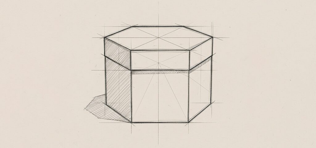 Hand-drawn technical sketch of a hexagonal box with construction lines and shading details.