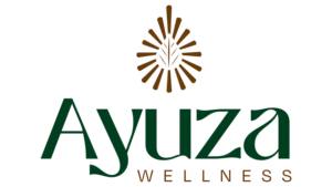 Ayuza Wellness logo with green typography and brown leaf-inspired emblem.