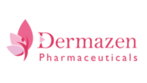Dermazen Pharmaceuticals logo in pink with stylized leaf and human figure icon.