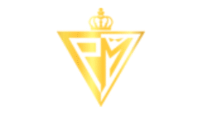 Gold triangular PM monogram logo with crown symbol on top.