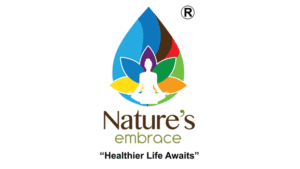 Nature’s Embrace logo featuring a meditating figure inside a colorful leaf drop symbol with the tagline “Healthier Life Awaits.”