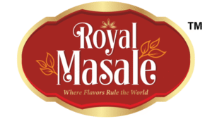 Royal Masale logo in red and gold with leaf accents and tagline “Where Flavors Rule the World.”