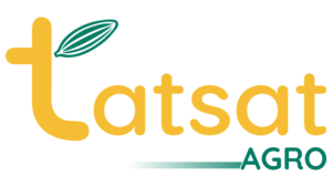 Latsat Agro logo featuring yellow typography with a green leaf accent and underline.