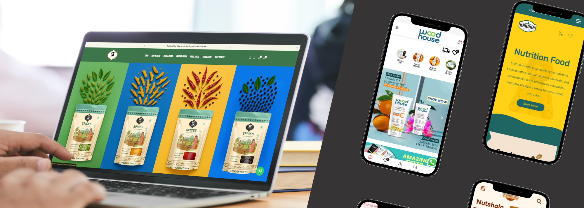 Laptop displaying an online spices store website alongside mobile e-commerce app screens.
