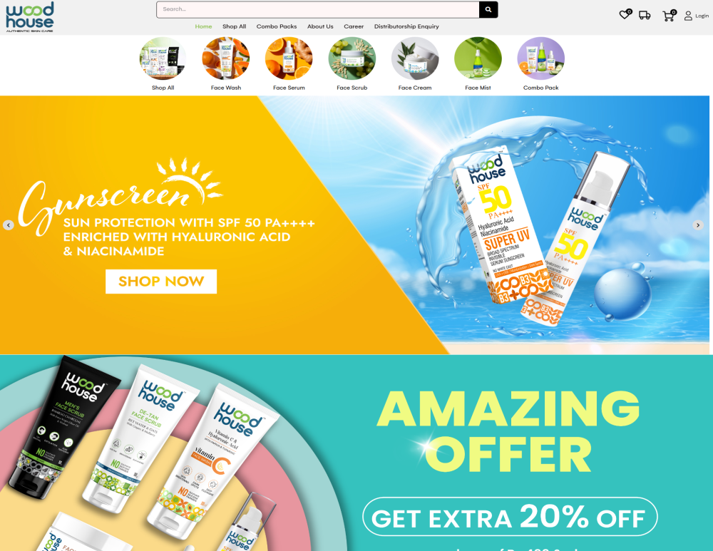 Wood House skincare website homepage showcasing SPF 50 sunscreen and promotional offer banner.