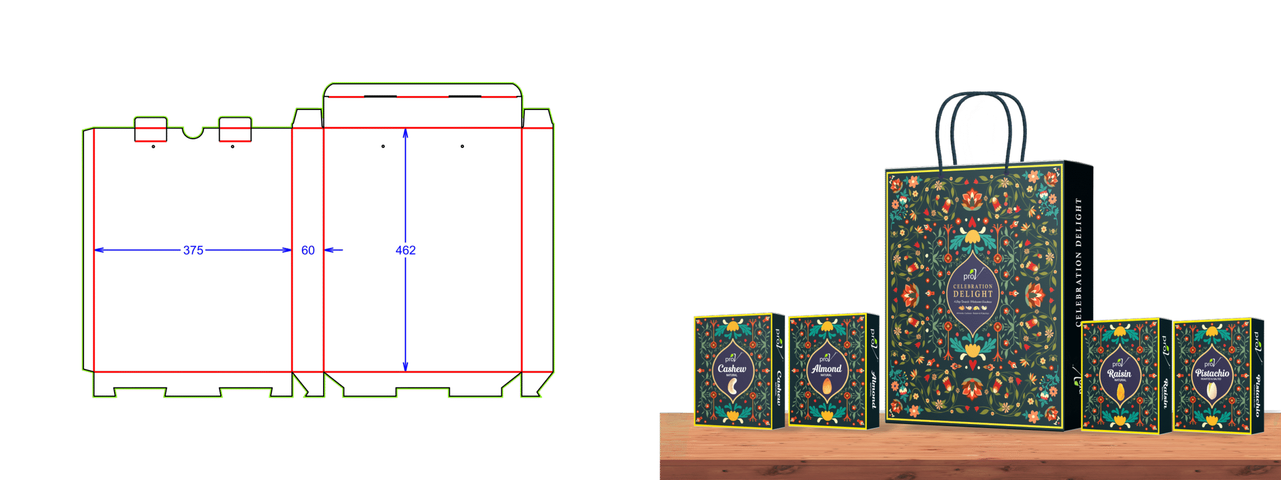 Packaging dieline layout with dimensions alongside printed gift box and nut product packaging display.