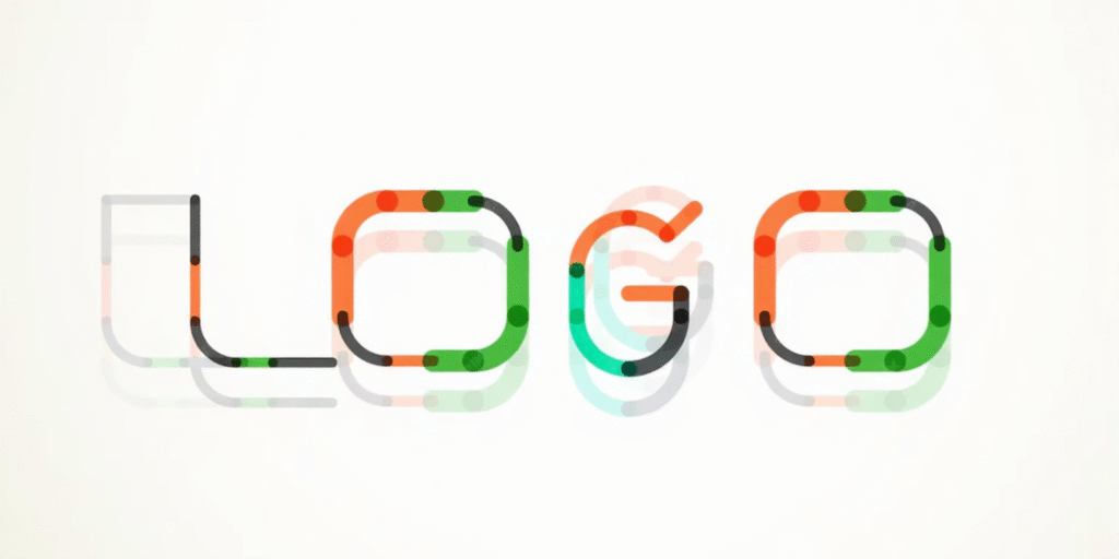 Stylized “LOGO” wordmark made from rounded, segmented lines in orange, green, and black gradients, with soft motion blur and shadow effects on a light background.