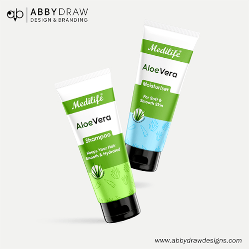 Medilife Aloe Vera shampoo and moisturiser tube packaging design in green and white.