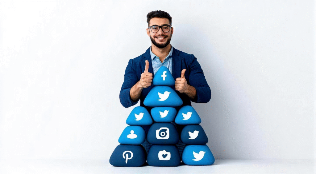 Smiling man giving thumbs up behind a pyramid stack of blue cushions featuring social media icons like Facebook, Twitter, Instagram, and Pinterest.