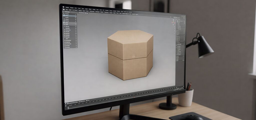 Computer monitor displaying a 3D model of a hexagonal cardboard box in design software on a desk.