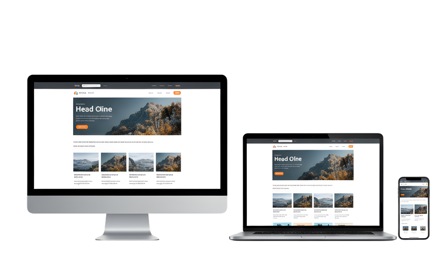 Responsive website displayed on desktop, laptop, and smartphone screens against a black background.