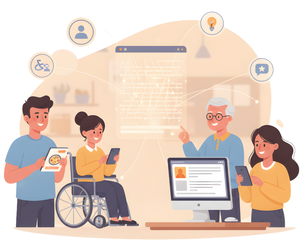 Inclusive digital teamwork illustration featuring diverse people, including a woman using a wheelchair, collaborating with devices and accessibility icons.