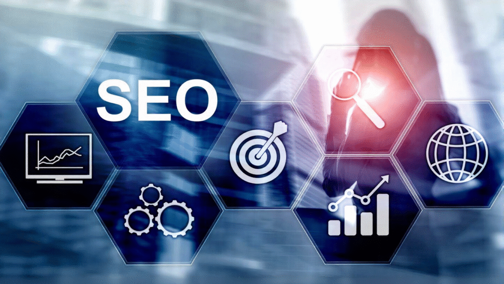 SEO concept graphic with hexagonal icons showing analytics, target, search, growth chart, and globe over a blurred business background.