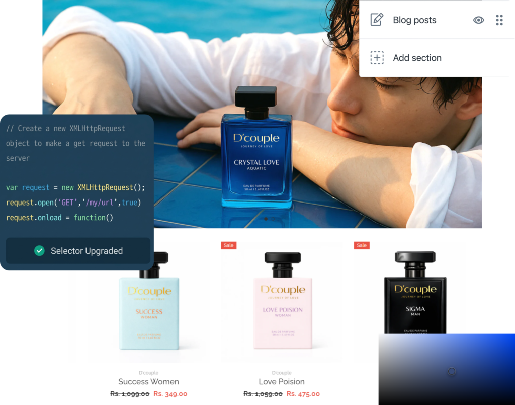 Dcouple Crystal Love Aquatic perfume bottle placed near a person by poolside with blue aesthetic background