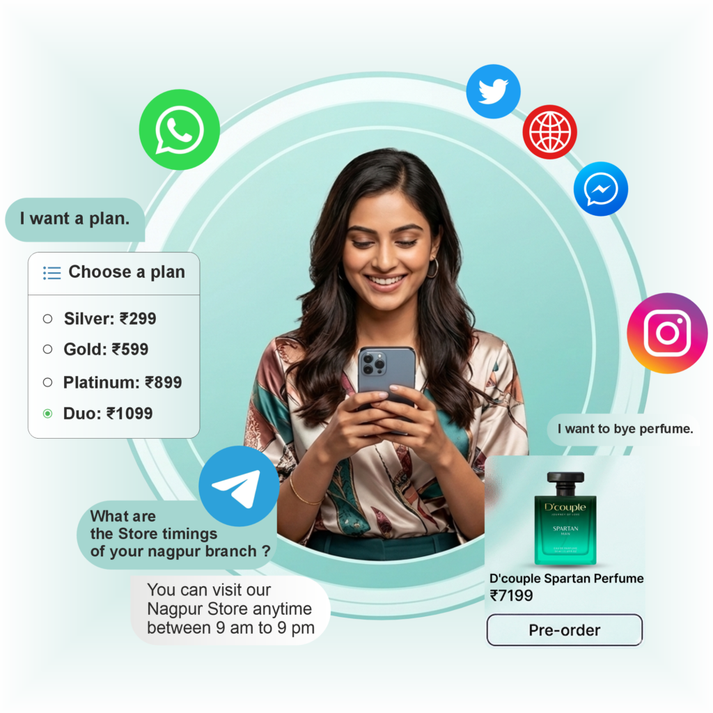 Woman using smartphone with social media icons and chatbot interface showing pricing plans and product recommendation
