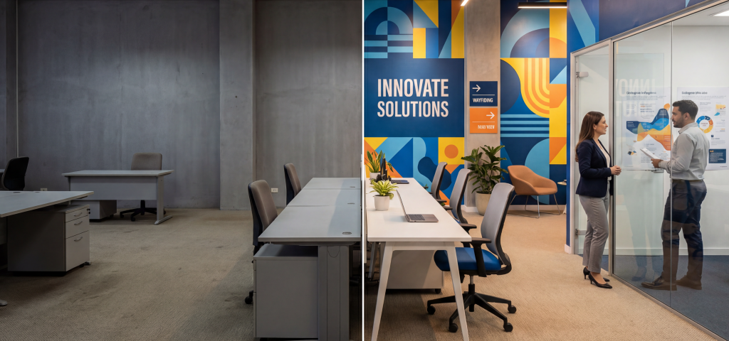 Modern office workspace transitioning from a plain setup to a vibrant collaborative area with wall graphics and a meeting in a glass cabin.