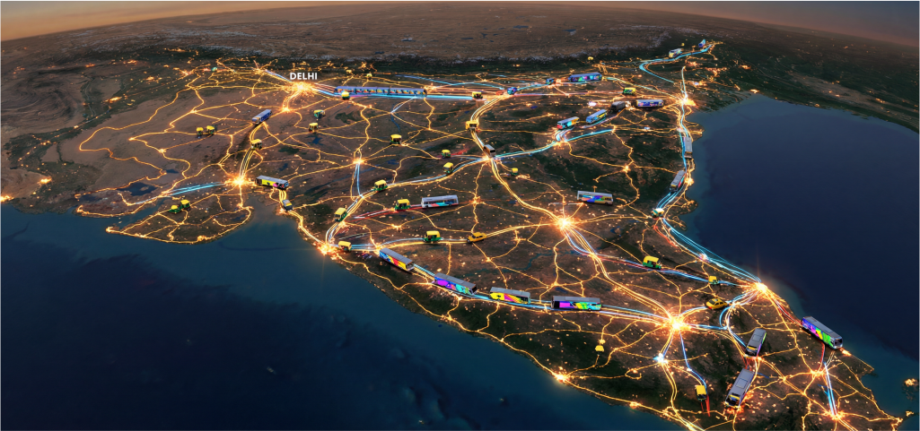 Illustrated map of India at night showing a connected logistics network with trucks and transport routes linking major cities like Delhi.