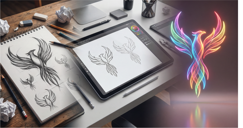 Creative design process showing a phoenix logo sketched on paper, refined on a digital tablet, and transformed into a colorful neon final design.